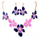 Parure Femme Bijoux Fleurs Emaillée Rose Noir Plaquée Or Jaune 
