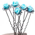 6 Épingles pics cheveux mariage avec roses bleu turquoise cristal clair