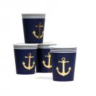 Gobelets en carton marinière et ancre dorée (lot de 8)