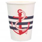 Gobelets en carton blanc rayé bleu marine ancre rouge x 10 