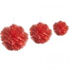 3 Boules pompons fleurs papier de soie assorties rouge Ø 20, 30 et 45 cm