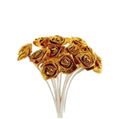 Décoration de Table Mariage  - 24 Mini Roses ourlées sur tige en tissu or : illustration