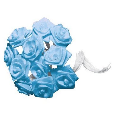 Décoration de Table Mariage  - 24 Mini Roses ourlées sur tige en satin bleu ciel : illustration