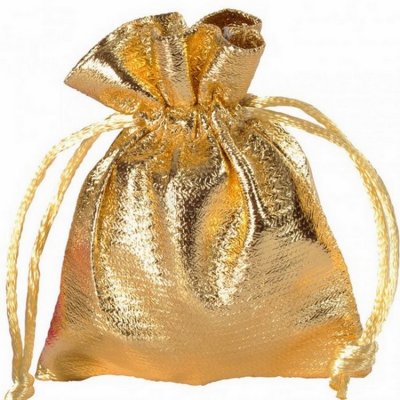 Boite de Dragées  - Sachet de 6 bourses à dragées or brillant en tissu ... : illustration