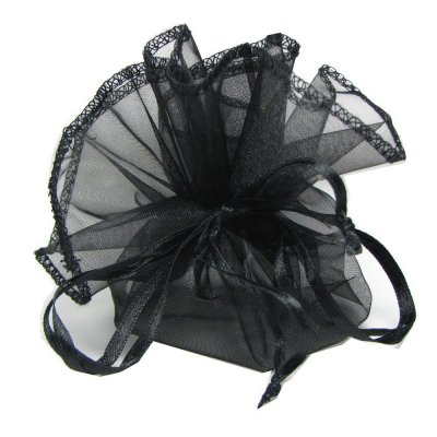 Boites en bois / Jute /  Tulle / osier  - 10 Sachets bourses  drages mariage organza noir : illustration