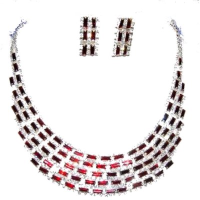 Parures de mariage en cristal  - Parure mariage bijoux ton argent strass clair et rouge  : illustration