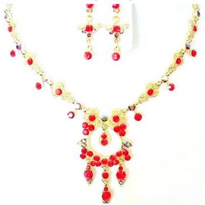 Parure de Mariage  - Parure Mariage Bijoux Ton Or Cristal Rouge 