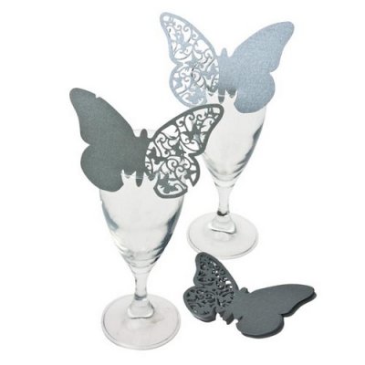 Dcoration de Fte, Anniversaire, Mariage, Baptme  - Marque-place Papillon Dentelle Argent (lot de 10) : illustration