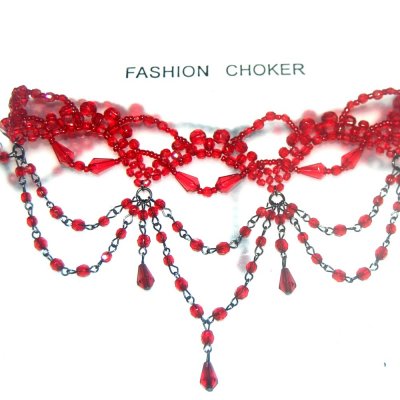 Parures de mariage en perles  - Collier choker gothique victorien perles rouge  : illustration