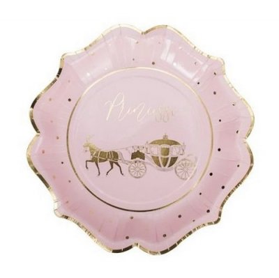 Mariage thme Princesse  - 8 Assiettes Princesse et Carrosse Rose et Or : illustration