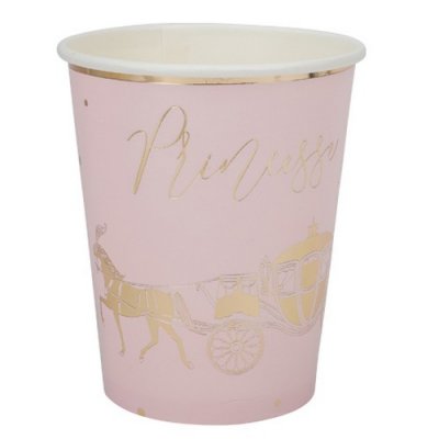 Dco de table Baptme  - 8 Gobelets Princesse et Carrosse Rose et Or : illustration