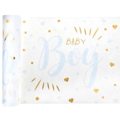 Chemin de table intiss  - Chemin de table Baby shower garon mtal bleu : illustration