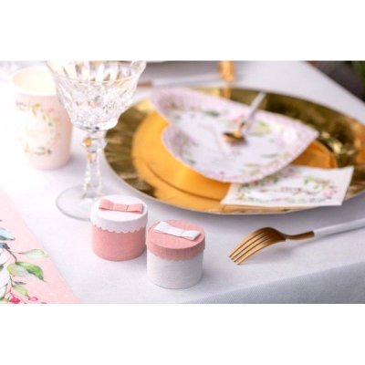 Dco de table Communion  - 4 Botes  drages rondes 5 cm blanc et rose  : illustration