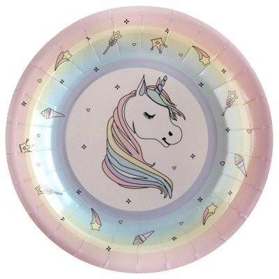 Assiettes jetables  - 10 Assiettes Licorne 22,5cm Rose : illustration