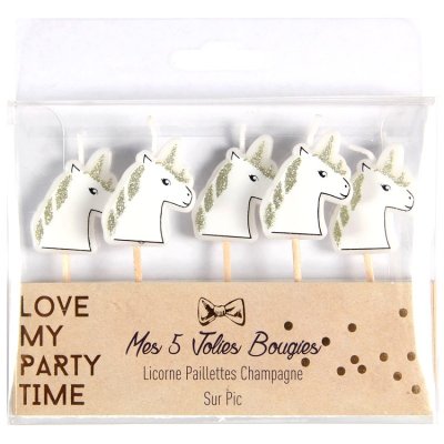 Dcoration de Baptme  - 5 bougies d'anniversaire Licorne sur pic  : illustration