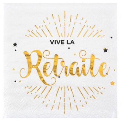 Serviettes papier mariage  -  Serviettes de Table Vive la Retraite blanc et or ... : illustration