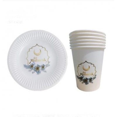 Vaisselle Jetable  - 12 pices 6 assiettes + 6 gobelets en carton eid mubarak : illustration