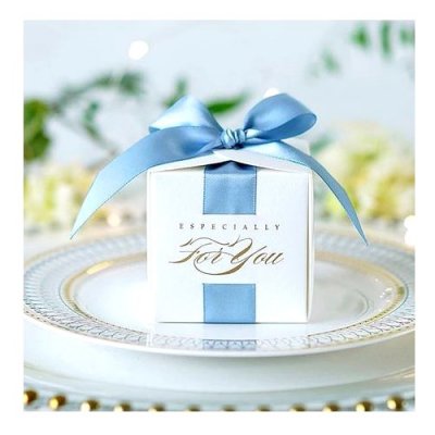 Botes  drages Mariage  - Botes  drages cube blanc et ruban bleu 10 pices : illustration