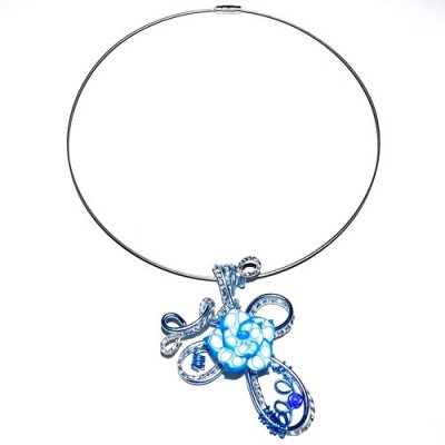 Parure de Soire Mariage  - Collier Bijoux Artisanal Ton Argent Fleur Bleue / ... : illustration