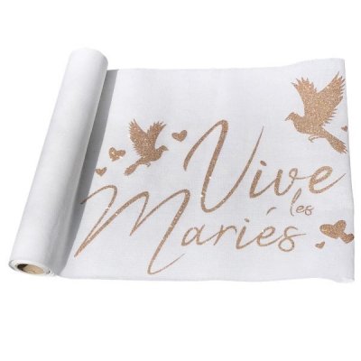 Chemin de table intiss  - Chemin de table lin Blanc Vive les Maris Rose gold : illustration