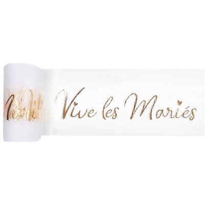 Noeuds, rubans, tulles - Dcoration mariage  - Tulle blanc - Vive les maris or 8 cm x 10 m : illustration