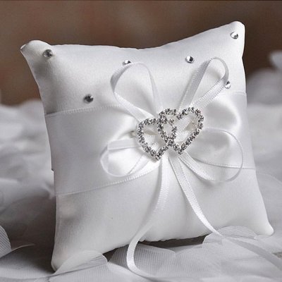 Coussin alliances Mariage  - Porte Alliance Mariage Blanc 10x10 cm - Coeur en Strass  : illustration