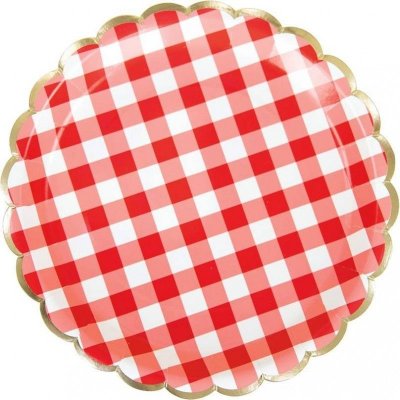Assiettes jetables  - Assiettes festonnes vichy rouge, blanc et or 23 cm : illustration
