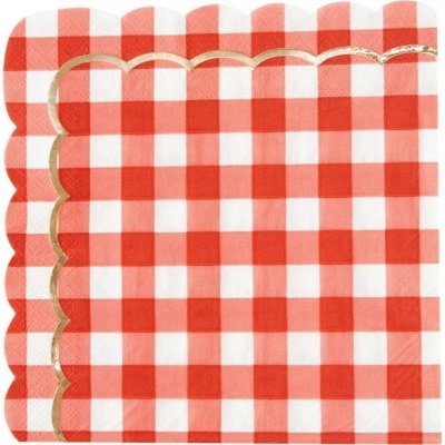 Mariage thme rtro  - 16 serviettes festonnes vichy rouge, blanc et or ... : illustration