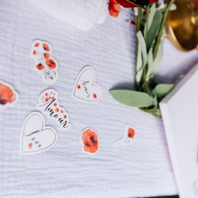 Decoration Mariage  - 100 Confettis de table en carton coquelicots rouge  : illustration