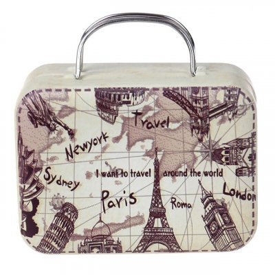 Dcoration de Fte, Anniversaire, Mariage, Baptme  - 5 Botes drages mini valises en mtal Travel : illustration