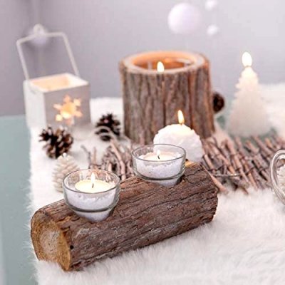 Mariage thme hiver  - Centre de table 2 photophores sur rondin de bois : illustration