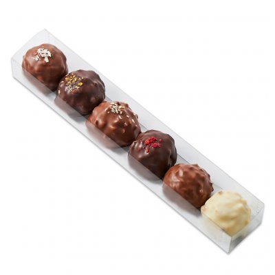 Bonbons, Confiserie et Chocolat  - 6 rochers pralin : chocolat au lait, blanc et noir : illustration