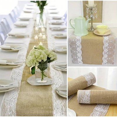 Dcoration de Table Mariage  - Chemin de table - Toile de jute et dentelle 5 m x ... : illustration