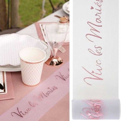 Decoration Mariage  - Ruban Tulle Vive les Maris Rose Gold 8 cm x 10 M : illustration