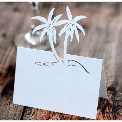 Dco de table Baptme  - Marque-place palmier en carton blanc iris x 10  : illustration
