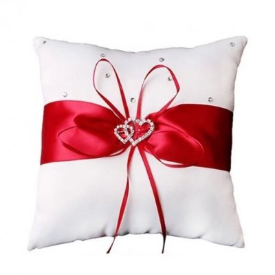 Coussin alliances Mariage  - Coussin mariage blanc et satin rouge coeur strass : illustration