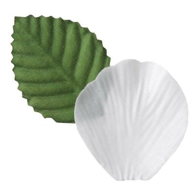 Dco de table Communion  - 100 ptales de rose artificiels blanches avec feuilles : illustration