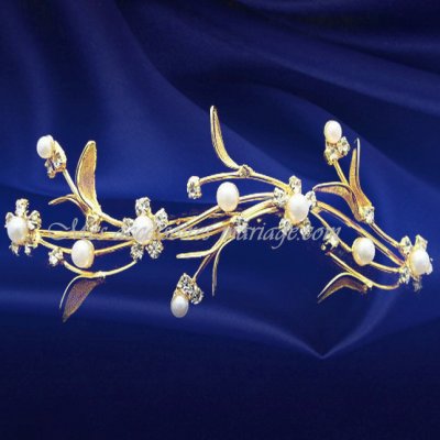 Bijoux de Mariage  - Peigne Mariage Doré Zirconium Clair Perle 