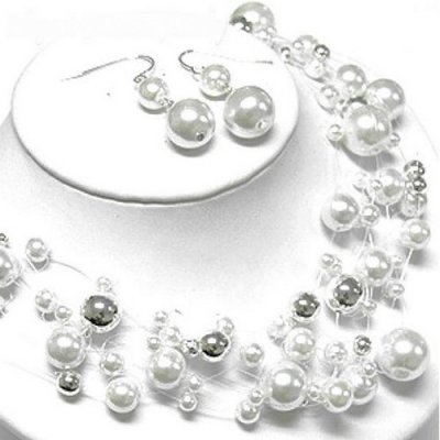 Parure de Soire Mariage  - Parure Bijoux Mariage Collier Perle Blanche et Argent  : illustration