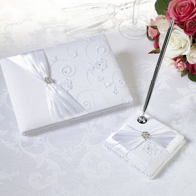 Dcoration de Fte, Anniversaire, Mariage, Baptme  - Livre d''or et Stylo Mariage Satin Blanc Cristal : illustration