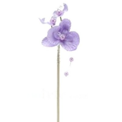 Décoration de Table Mariage  - 4 orchidées et perles lilas sur pique 25 cm  : illustration