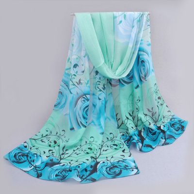 Etoles mariage et foulards  - Etole mariage imprim vert  fleurs bleu 100% polyester ... : illustration