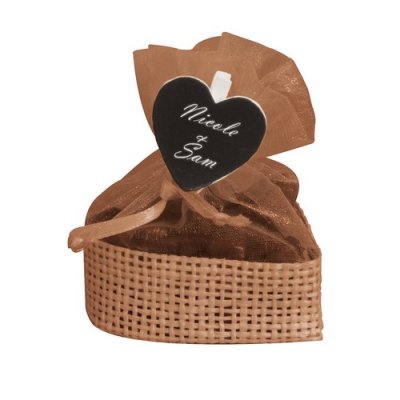 Boite de Dragées  - 6 ballotins à dragées coeur chocolat en jute et organdi : illustration