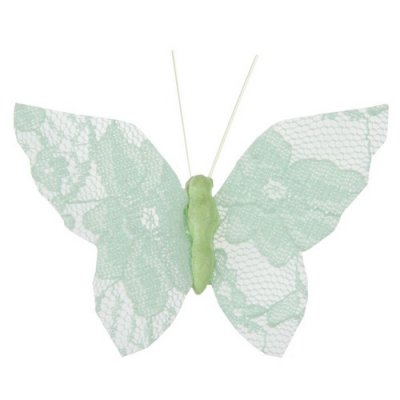 Décoration de Table Mariage  - 4 papillons en dentelle vert menthe sur pince : illustration