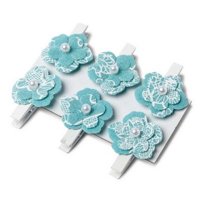 Decoration Mariage  - Pince marque-place fleur en lin bleu turquoise (x ... : illustration