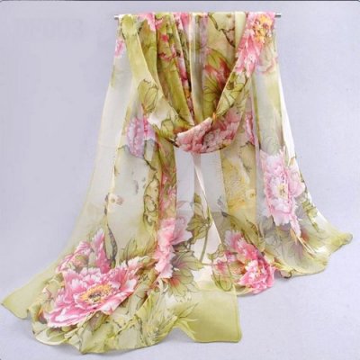 Etoles mariage et foulards  - Foulard charpe tole vert  fleurs rose en soie polyester : illustration