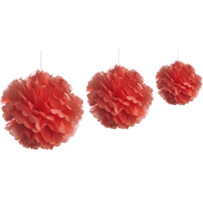 Promotions  - 3 Boules pompons fleurs papier de soie assorties rouge ... : illustration